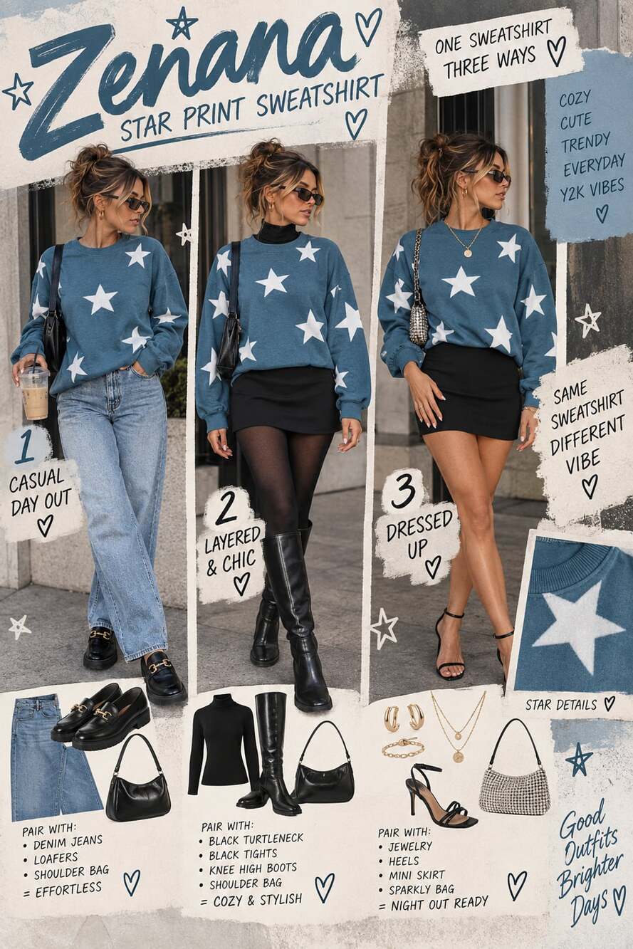 Zenana Star Print Sweatshirt Size XL Blue/Teal White Crewneck Long Sleeve